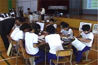 大瀁小学校視聴覚室での授業風景「新聞の種類」